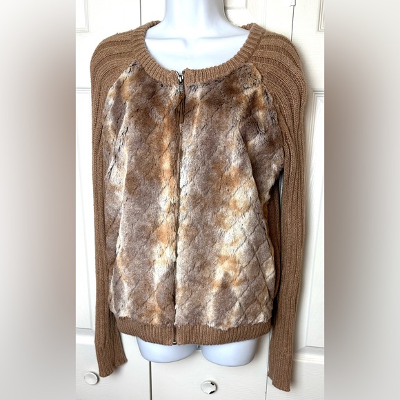 ELLA MOSS Vannah Cardigan Sweater Camel Tan Brown Faux Rabbit Fur Ribbed Knit - Picture 2 of 13